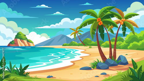 Vector art of a picturesque tropical beach with palm trees, turquoise water, and distant mountains, ideal for a relaxing summer vacation getaway
