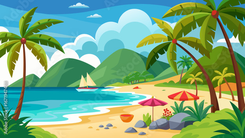 Vector art of tropical beach landscape with palm trees, mountains, and a sailboat on the sea, perfect for a summer vacation getaway and relaxation