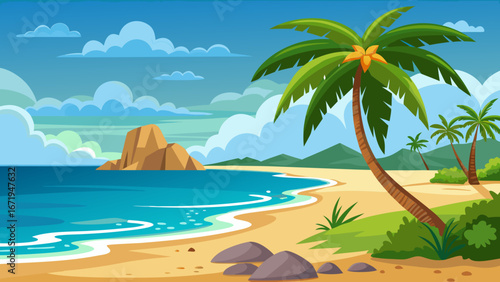 Vector art of a vibrant tropical beach landscape with palm trees, turquoise sea, and rocky formations, evoking a sense of relaxation and adventure on a sunny day