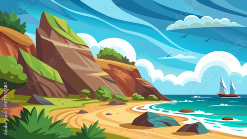 Vector art of a scenic vector illustration of a tropical beach with cliffs, vegetation, and a sailboat on the horizon, capturing the essence of a summer vacation destination