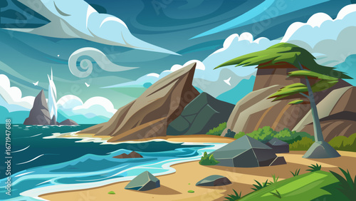 Vector art of a dramatic coastal landscape featuring rugged cliffs, turquoise sea, and unique rock formations, capturing the raw beauty and serenity of natures artistry
