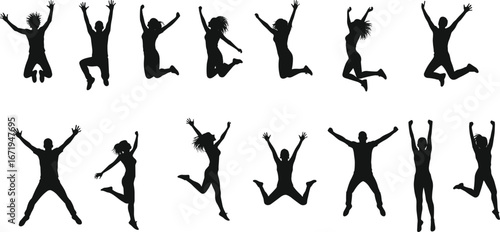 Black silhouette jumping people poses, joyful energy movement sequence, dance celebration illustration, active lifestyle fitness expression, male female dynamic vector design