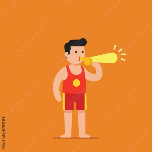 Lifeguard Blowing Whistle on Beach