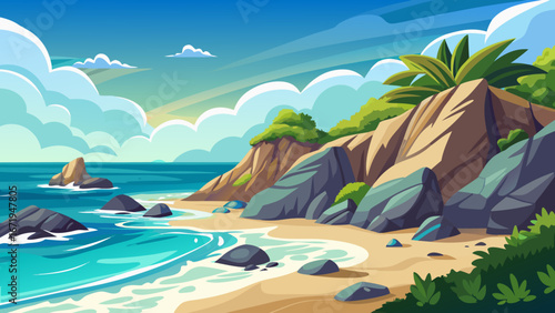 Vector art of a serene cartoon landscape of a tropical beach with turquoise water, rocky cliffs, lush vegetation, and a bright sky with fluffy clouds, perfect for vacation