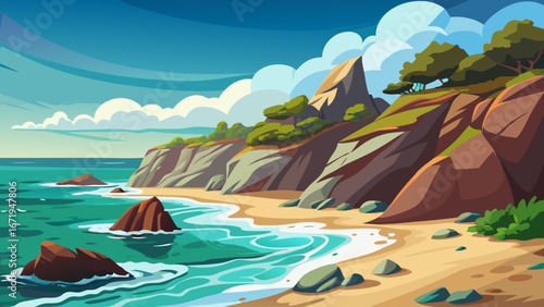 Vector art of a vibrant cartoon landscape showcasing a picturesque beach with clear turquoise water, rocky cliffs, and lush green vegetation under a bright blue sky with fluffy clouds