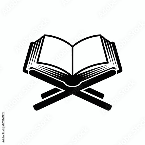 Black silhouette of an open book on a wooden stand isolated on white background
