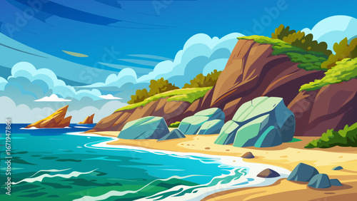 Vector art of a serene beach landscape featuring turquoise water, sandy shores, and rocky cliffs under a bright blue sky with fluffy clouds, perfect for vacation