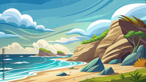 Vector art of a picturesque coastal scene with sandy beach, turquoise sea, and dramatic cliffs under a partly cloudy sky, evoking a sense of tranquility and escape
