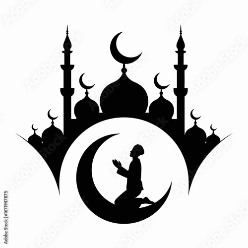 Islamic prayer silhouette of a man kneeling on a crescent moon before a mosque isolated on white background silhouette