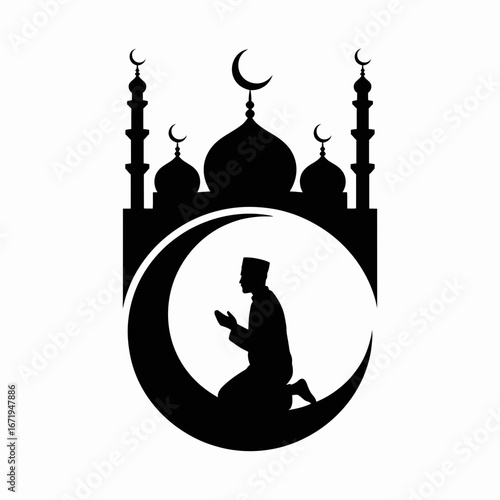 Muslim man praying at crescent moon with mosque silhouette isolated on white background