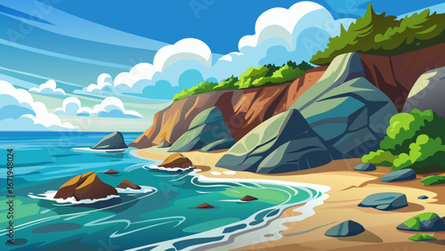 Vector art of a beautiful coastal scene with cliffs, rocks, and a sandy beach with clear turquoise water under a partly cloudy blue sky