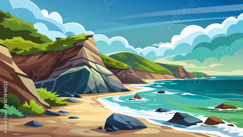 Vector art of a scenic coastal landscape featuring cliffs, rocks, and a sandy beach with turquoise water under a blue sky with fluffy clouds