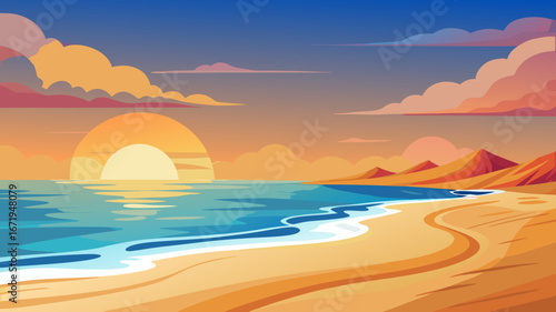 Vector art of a picturesque beach scene at sunset, featuring a calm ocean, sandy shore, and distant mountains under a vibrant sky with clouds
