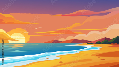 Vector art of a tranquil beach landscape at sunset, featuring a colorful sky, calm ocean, sandy shore, and distant mountains, evoking a sense of peace and serenity
