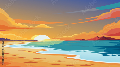 Vector art of a serene beach at sunset with a vibrant sky, calm ocean, and soft sand, creating a peaceful and picturesque scene for relaxation and vacation