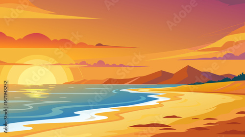 Vector art of a beautiful vector illustration of a beach at sunset with mountains in the background and a calm ocean reflecting the golden light