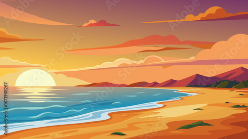 Vector art of vector illustration of a serene beach at sunset with mountains and a calm ocean reflecting the suns warm light, creating a peaceful scene
