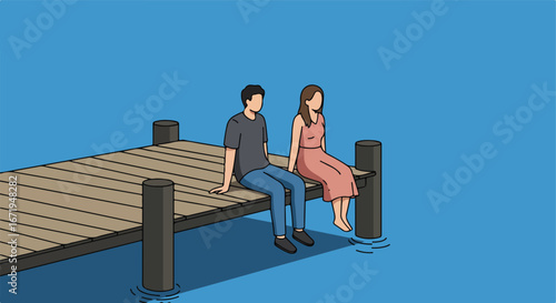 , keywords, and category for the image

 Couple Sitting Together on Wooden Pier with Lake Waters (Illustration)