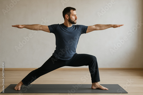 Man practicing warrior pose during yoga session – balance and focus