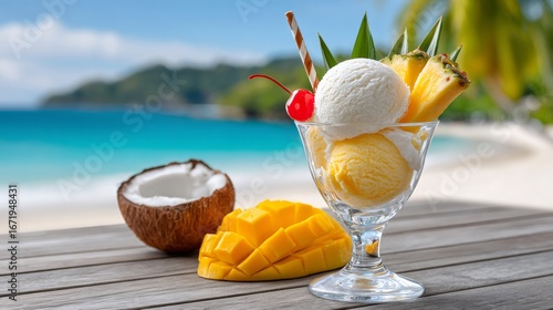 Fototapeta Naklejka Na Ścianę i Meble -  Ice cream sundae with tropical fruits enjoying exotic beach view