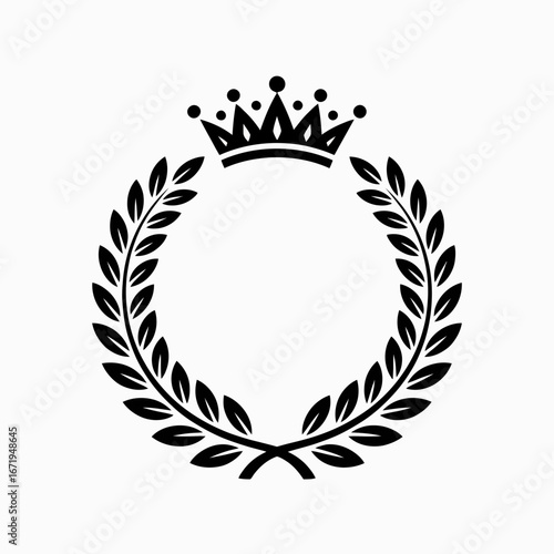 Black silhouette of a laurel wreath with a crown isolated on white background