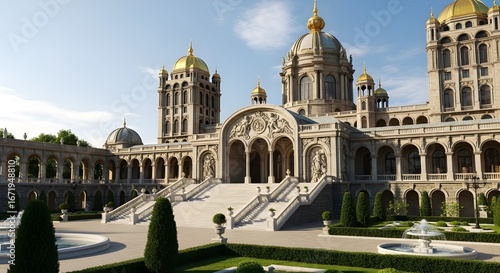 Grand Vintage Palace Exterior with Gardens and Marble Staircase
