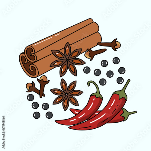 Flat style vector illustration of spices including cinnamon sticks, star anise, cloves, black pepper, and red chili peppers. Perfect for cooking, food, and kitchen design themes.