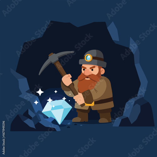 Miner Swinging Pickaxe Near Diamond in Mine