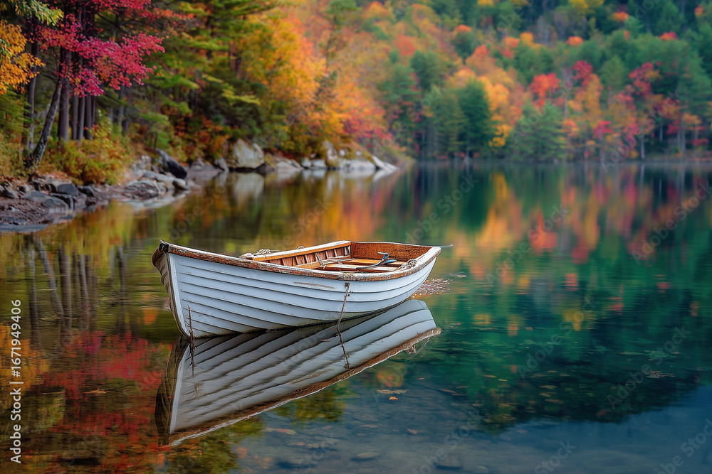 Obraz premium Small rowboat on calm autumn lake with colorful tree reflections