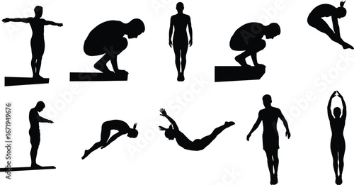 Diving motion silhouette sequence from platform, athlete sports illustration, aquatic biomechanics vector, swimming competition concept, human body movement, water sport