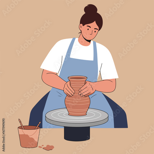 Person Shaping Clay on Potter's Wheel in Pottery Studio