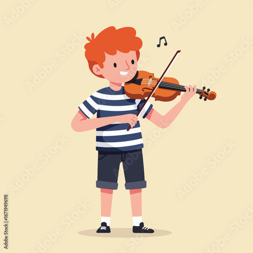 Boy Plays Violin, Stands Indoors, Music Note Floating In The Air