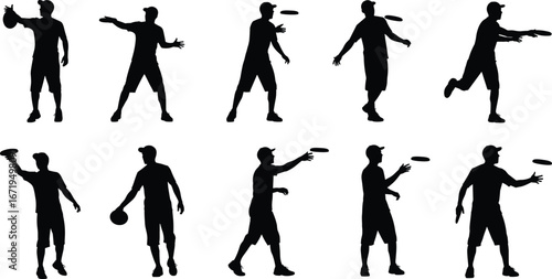 Flying disc motion sequence silhouettes, ultimate Frisbee throwing and catching poses, dynamic sports vector illustration, athletic outdoor recreation action design