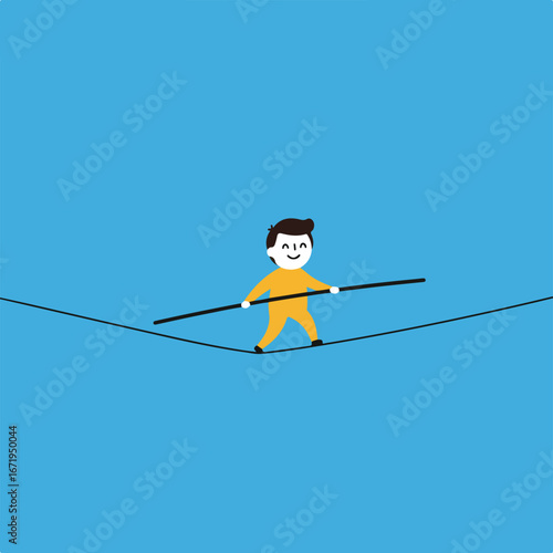 Man Walks on Tightrope Against Blue Backdrop.