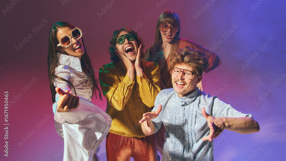 Fototapeta premium Retro friends group posing joyfully in colorful disco style. Concept of pop culture revival, vintage lifestyle promotion, and party-inspired advertising.