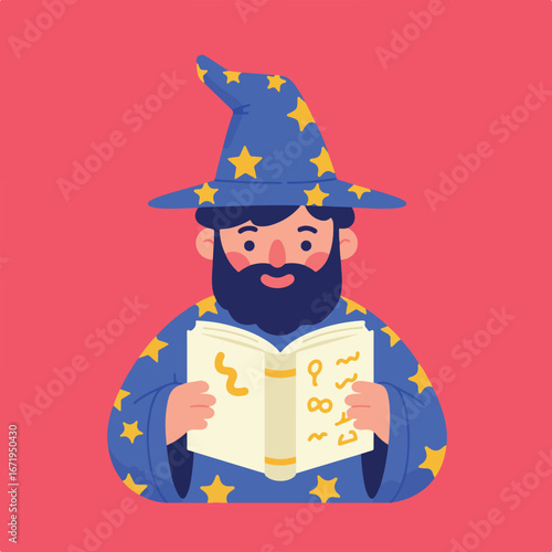 Cartoon Wizard Reading Spellbook on Plain Background