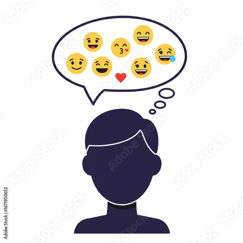 Silhouette of person thinking about various emojis inside a thought bubble, representing communication and emotional expression in a digital age.