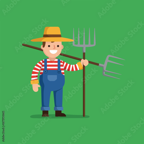 Cartoon Farmer Holding Pitchforks on Green Background