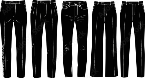 Create a kinds of deferent formal pant vector art silhouette with white background.