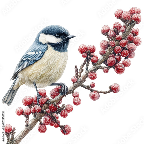 watercolor vector of Winter Bird Perched Branch, isolated on a white background.