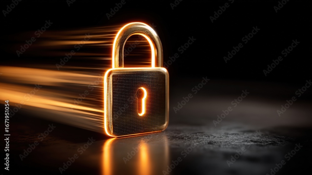 Fototapeta premium Glowing golden padlock symbolizing digital security and data protection with light streaks