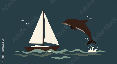 Dolphin Jumping Near Sailboat in Ocean