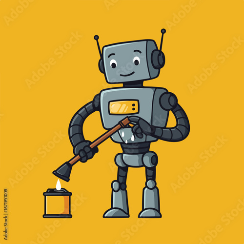 Robot Lighting A Lamp On A Yellow Background