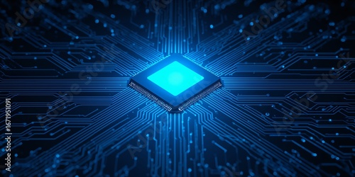 Blue tech microchip with electronic lines background