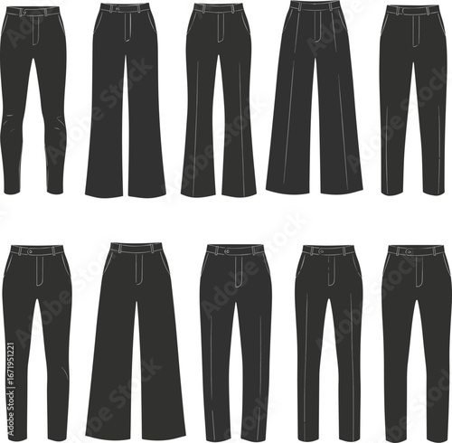 Create a kinds of deferent formal modern pant vector art silhouette with white background..