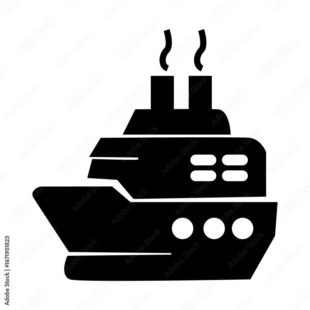 Obraz premium Black silhouette vector of a cruise ship with steam stacks. Represents travel, transportation, vacation, and tourism