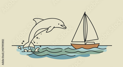 Dolphin Jumping near Sailboat in the Ocean