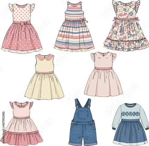 Create a kinds of deferent girl kids dress vector art with white background.
