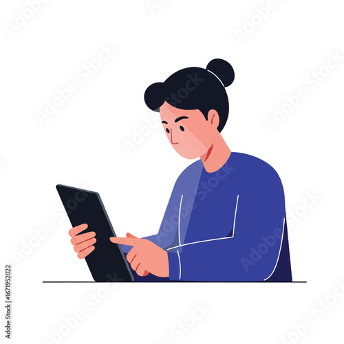 Focused young woman using tablet at home, browsing online content with concentration and a modern, clean aesthetic.