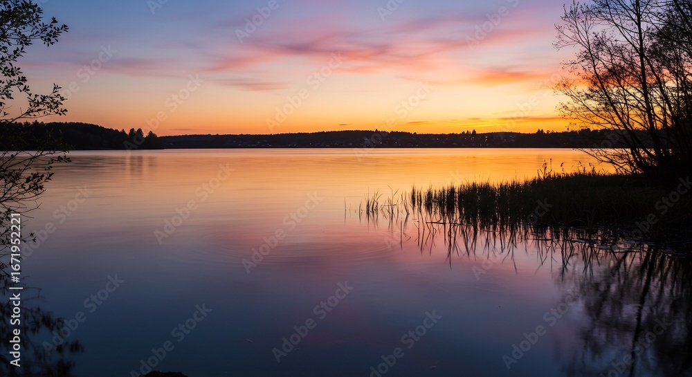 Fototapeta premium 静かな湖面に映る、穏やかな夕焼け空。美しい色彩とシルエットが調和。. AI Generated